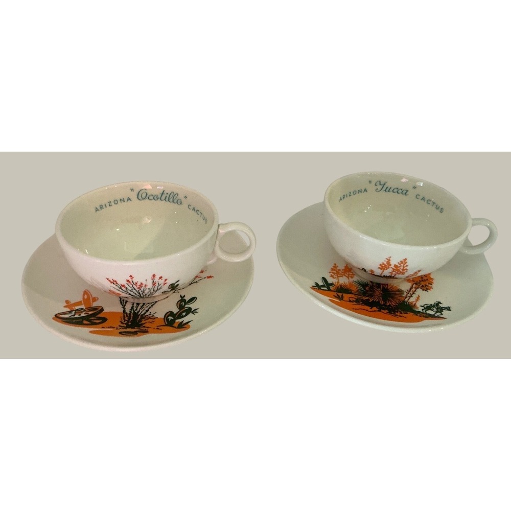 Universal Potteries Vintage Arizona Cactus Tea Cup Saucer Set Ocotillo Yucca MCM